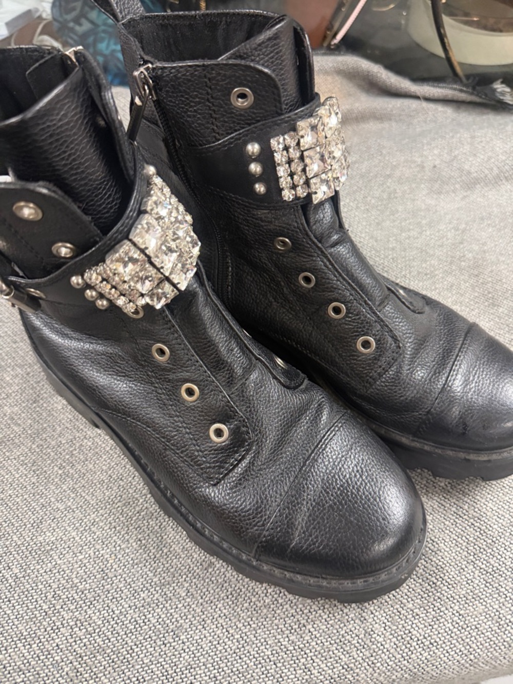 Karl Lagerfeld Black Leather Combat Boots with Crystal Strap